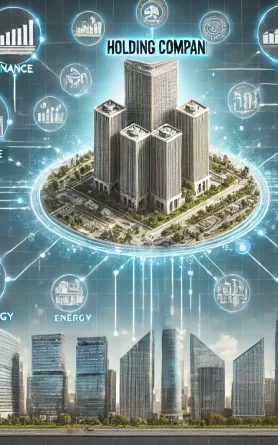 DALL·E 2025-02-16 13.54.18 - A visual representation of a holding company. The image shows a large central building labeled 'Holding Company' with several smaller buildings surrou